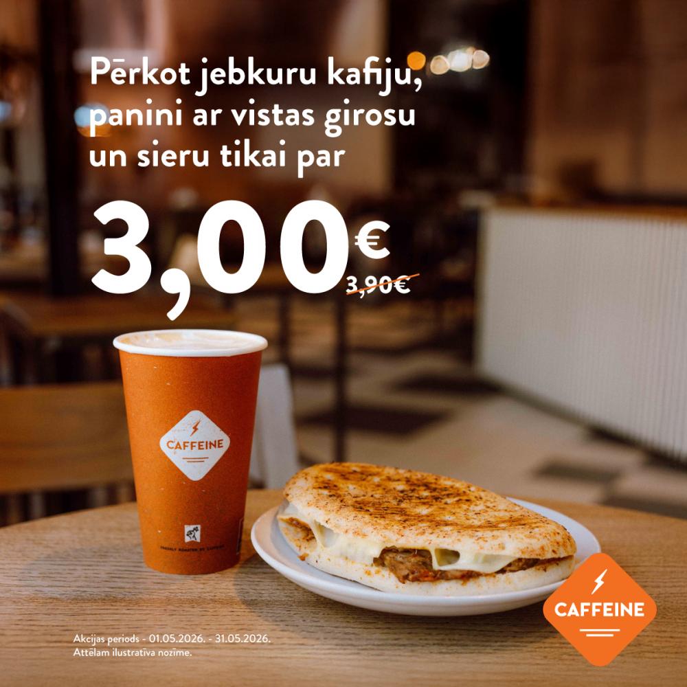 ☕  Pērkot jebkuru kafiju un 🥙 panini ar vistas girosu un sieru, cena tikai 3,00 EUR