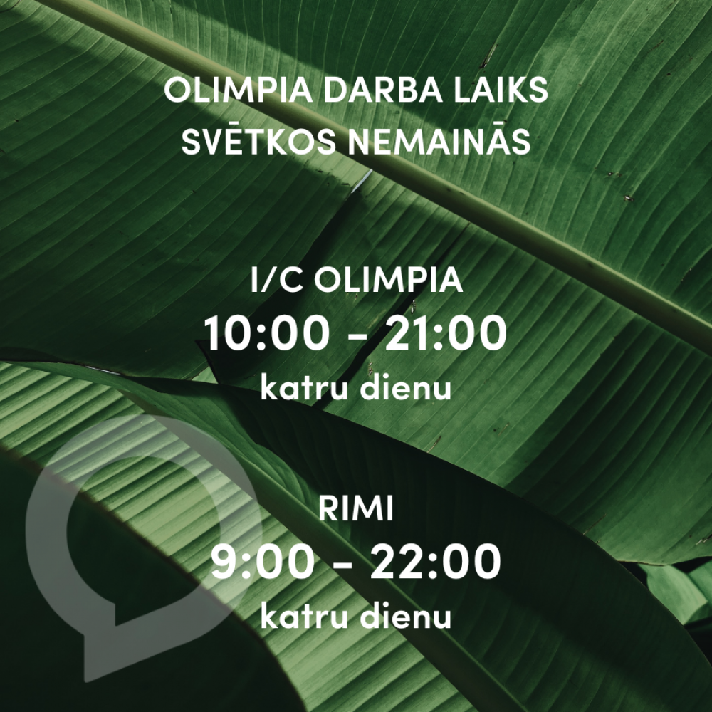 I/C "Olimpia" darba laiks maijā nemainās. 1., 4., 6.maijā I/C "Olimpia" strādās no 10:00-21:00.