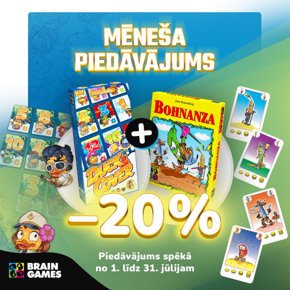 Ķer mēneša piedāvājumu! 🦆 20% atlaide kāršu spēļu komplektam Duck & Cover + Bohnanza 🪙