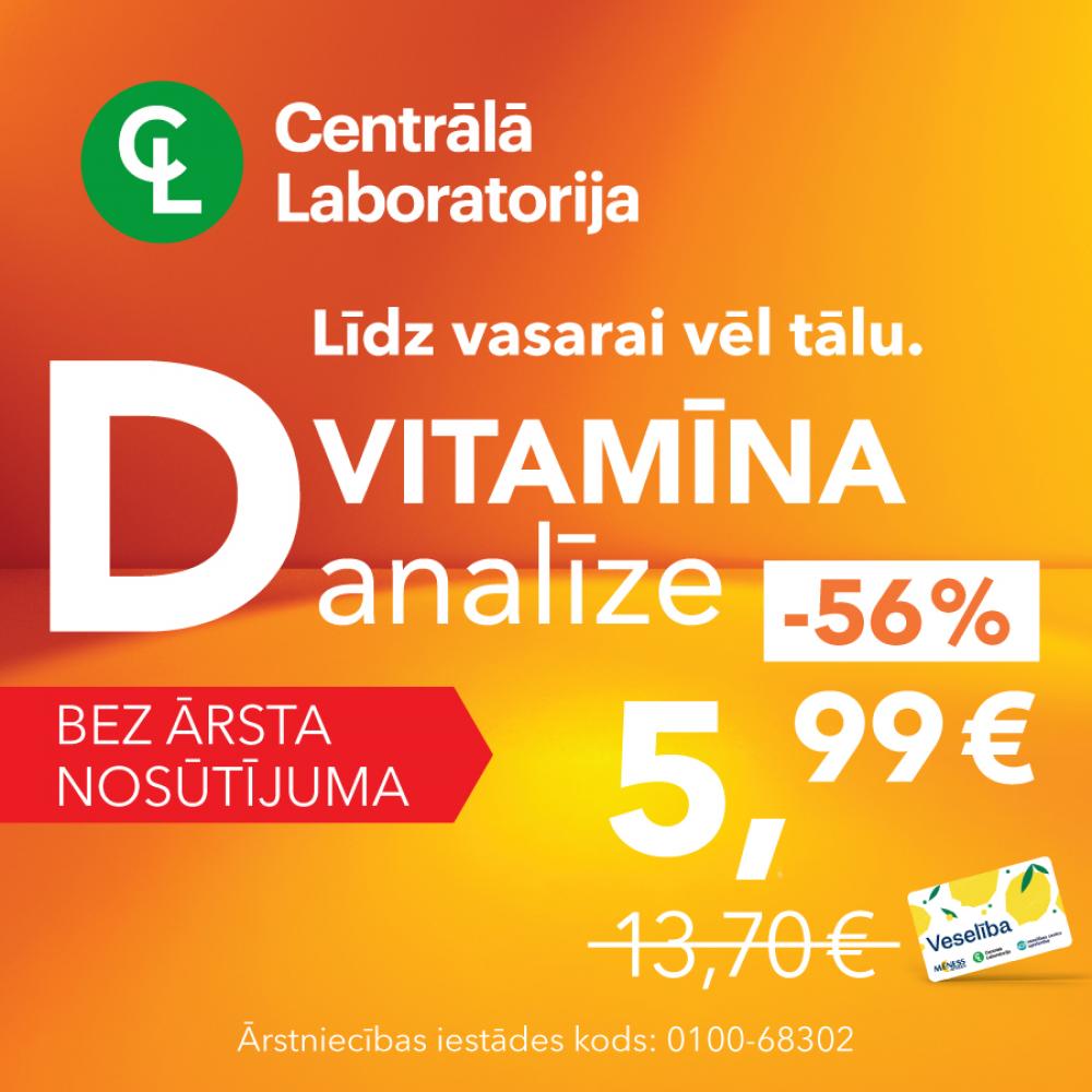 D vitamīna analīze “Centrālajā laboratorijā” tikai 5,99 €!