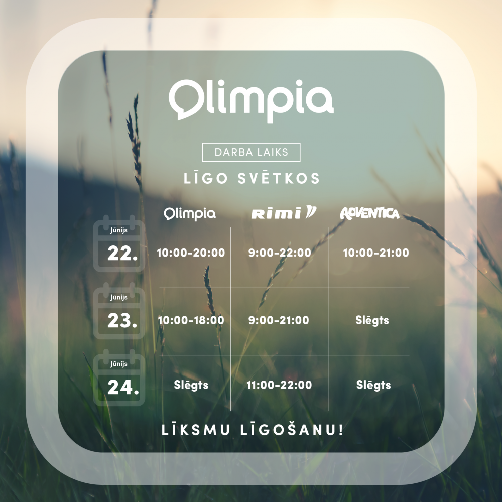 Сообщаем Вам, что внесены изменения в режим работы ТЦ «Оlimpia» во время фестиваля Лиго.
С праздником Лиго!