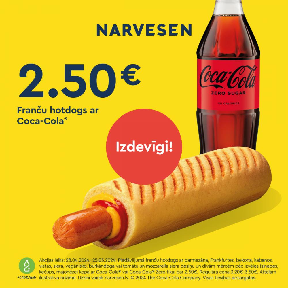 Kraukšķīgs franču hotdogs ar gardu desiņu un Coca-Cola tikai par 2,50 eiro!